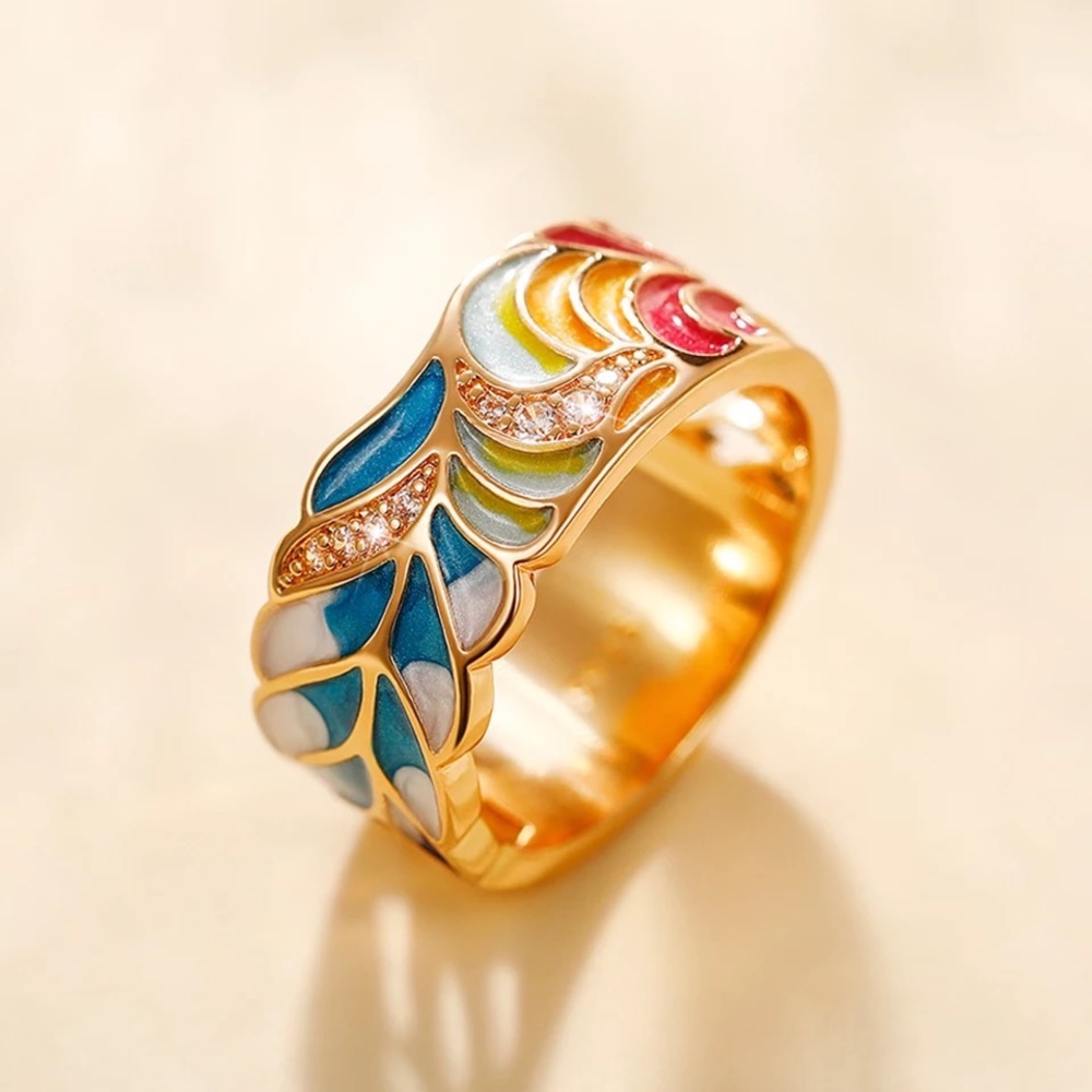 Anthro Personality Enamel Green Leaf Design Women Finger Ring Wide Band Vintage - Picture 4 of 6